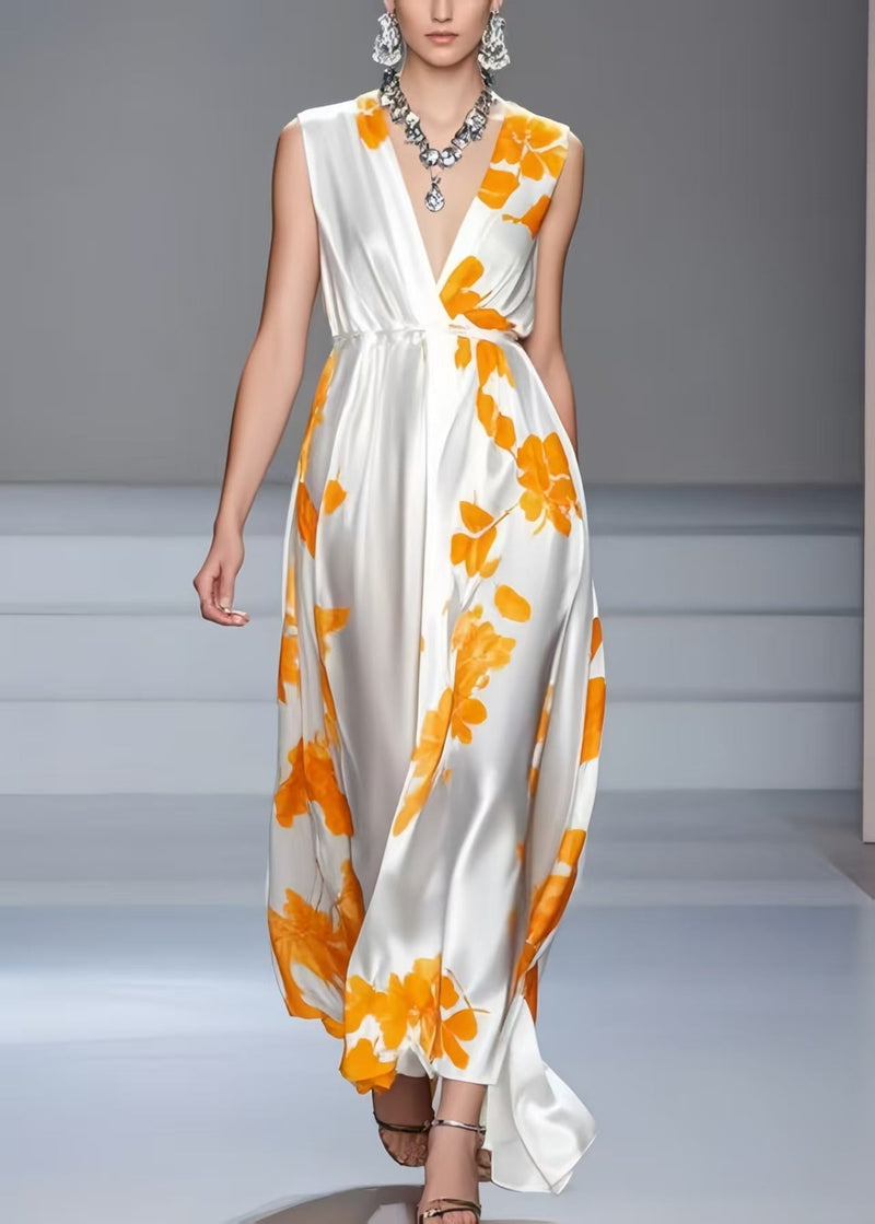White V Neck Print Silk Summer Dress Sleeveless