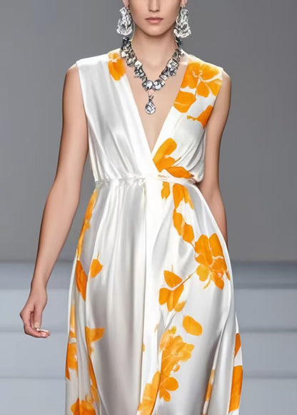 White V Neck Print Silk Summer Dress Sleeveless