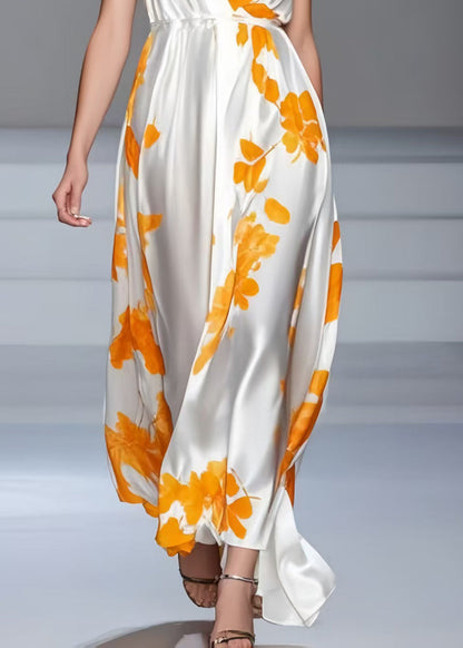 White V Neck Print Silk Summer Dress Sleeveless