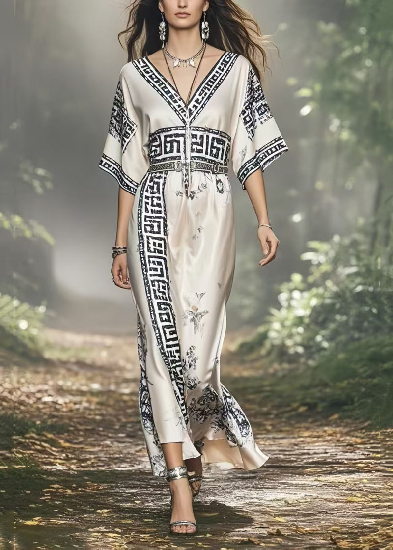 White V Neck Print Silk Vacation Dresses Summer