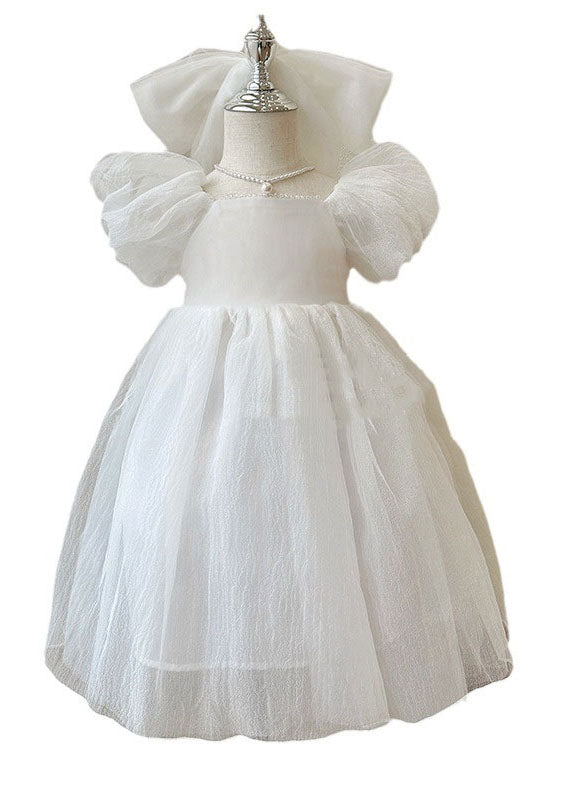 White Wrinkled Patchwork Tulle Kids Princess Dresses Summer