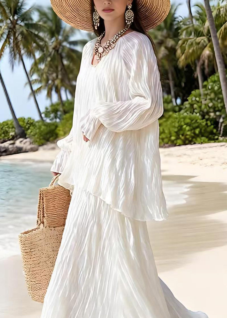 White Wrinkled Top and Skirts Silk Two Piece Suit Set Spring