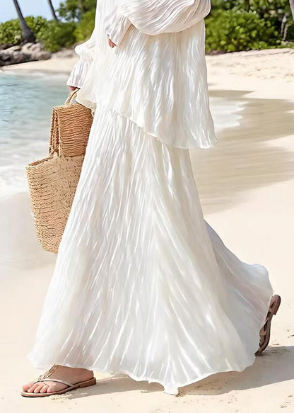 White Wrinkled Top and Skirts Silk Two Piece Suit Set Spring