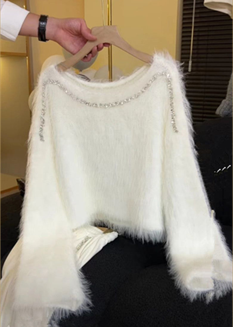 White Zircon Cozy Knit Short Sweater Spring
