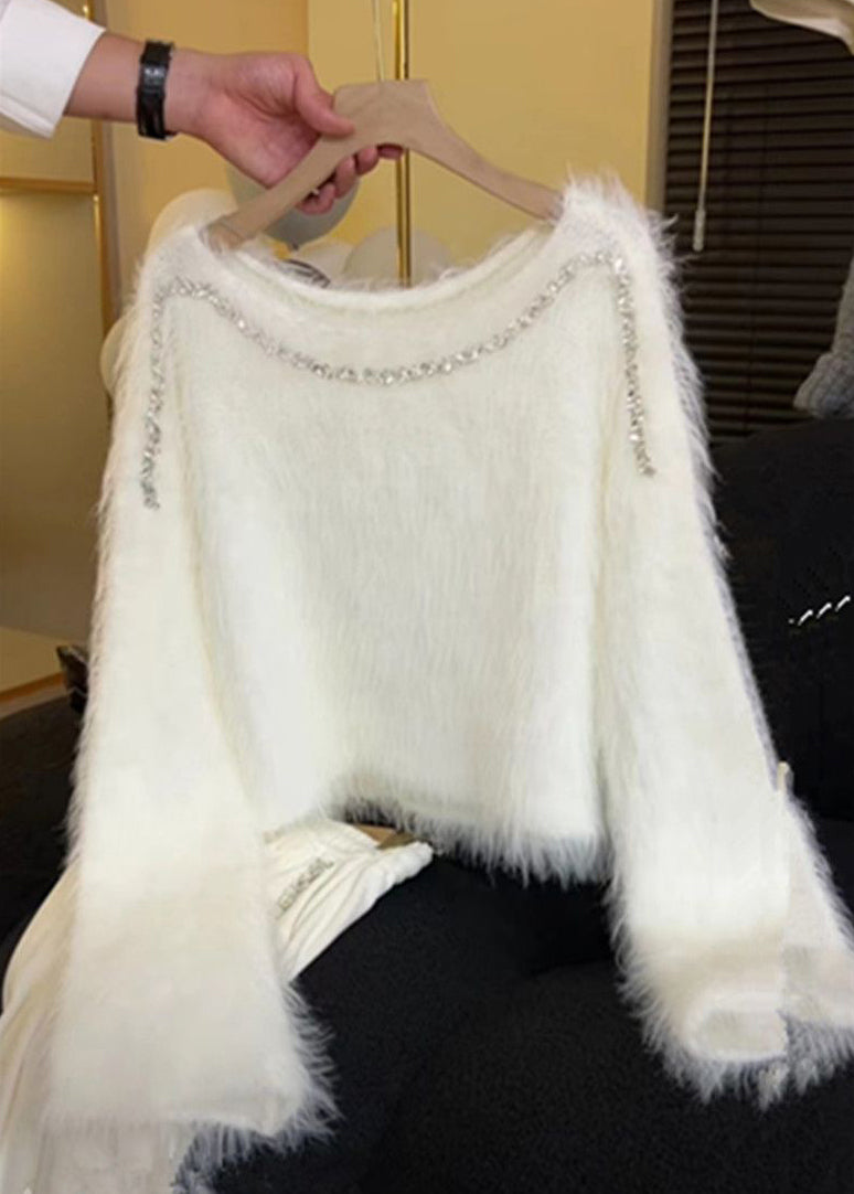 White Zircon Cozy Knit Short Sweater Spring