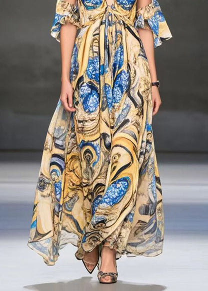 Yellow Cold Shoulder Print Chiffon Dress Summer
