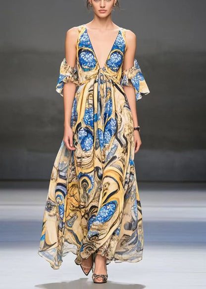 Yellow Cold Shoulder Print Chiffon Dress Summer