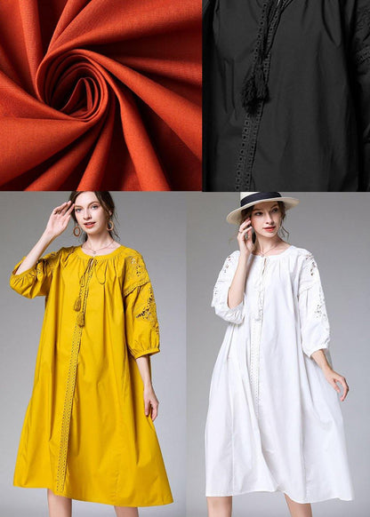 Yellow Hollow Out Embroideried Spring Three Quarter Sleeve Mid Dress