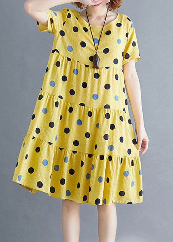 Yellow O-neck Dot Print Cotton Party Dress Short Sleeve