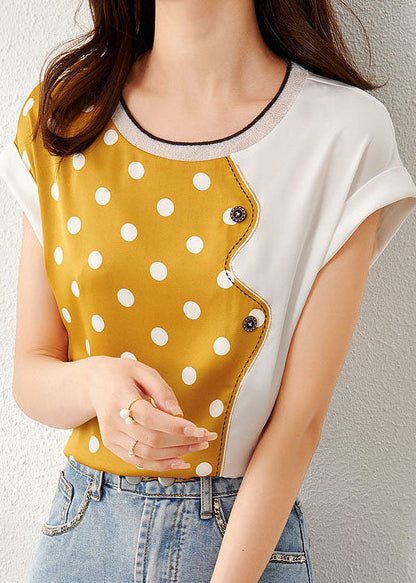 Yellow O Neck Patchwork Print Silk Top Summer