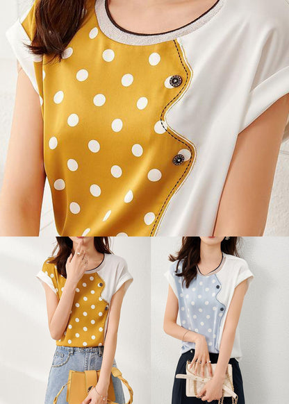 Yellow O Neck Patchwork Print Silk Top Summer