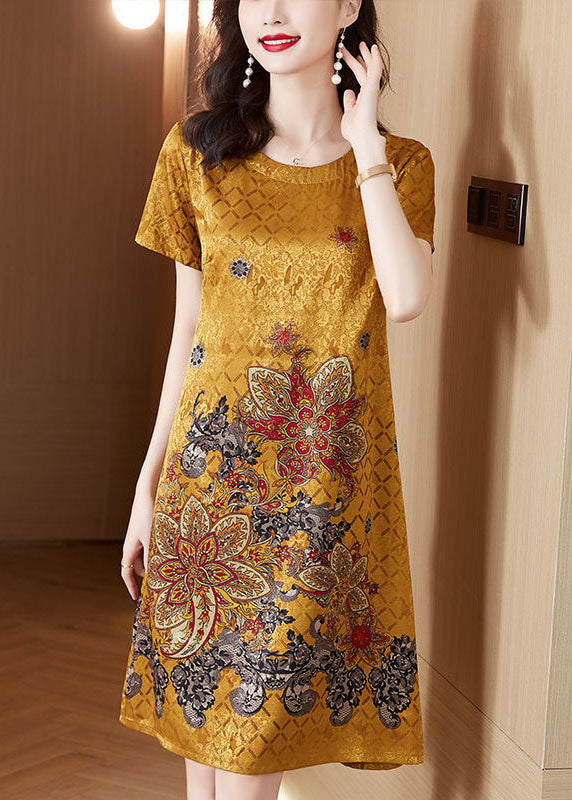 Yellow O-neck Print Silk Robe Dresses Summer