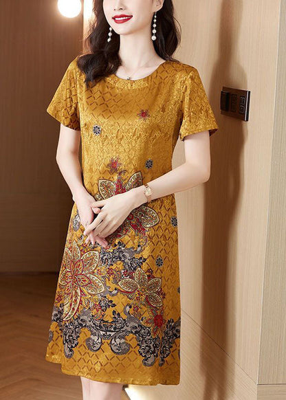 Yellow O-neck Print Silk Robe Dresses Summer