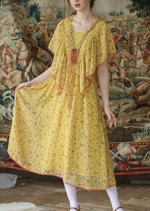 Yellow Ruffled Lace Up Nail Bead Chiffon Long Dresses Summer