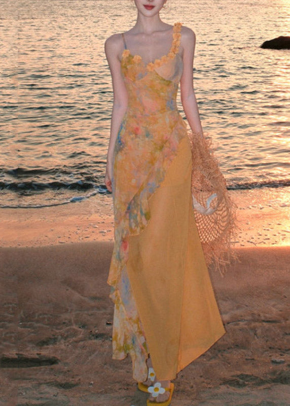 Yellow Ruffled Print Chiffon Long Spaghetti Strap Dress Summer