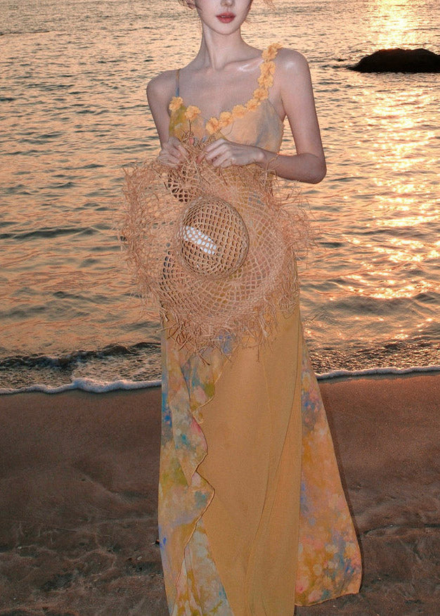 Yellow Ruffled Print Chiffon Long Spaghetti Strap Dress Summer