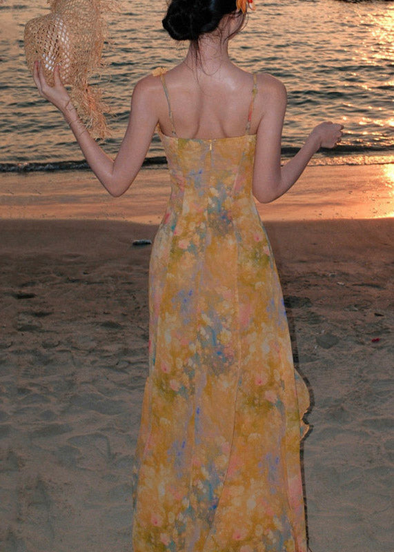 Yellow Ruffled Print Chiffon Long Spaghetti Strap Dress Summer