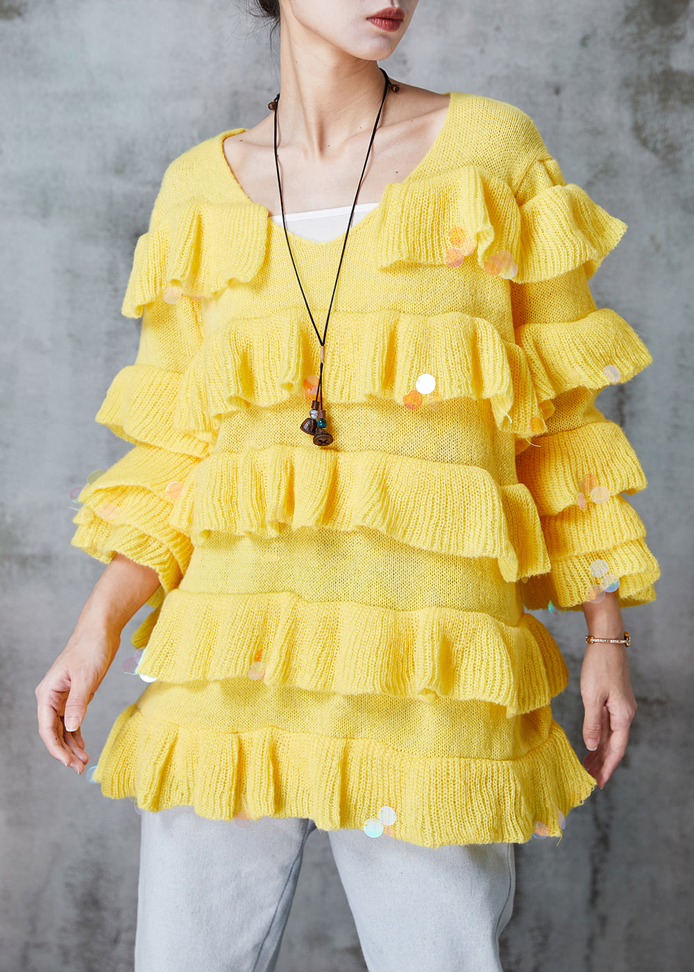Yellow Ruffled Sequins Knit Pullover Spring