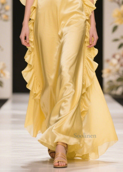 Yellow Ruffles Cold Shoulder Silk Halter Dress Summer