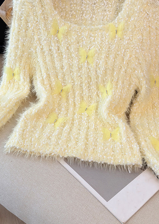 Yellow Square Collar Butterfly Knit Sweaters Winter