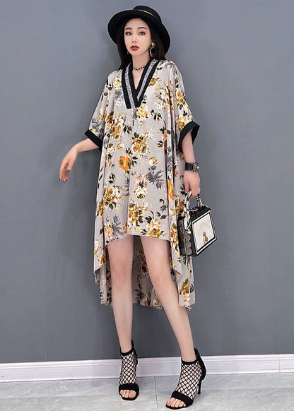 Yellow V Neck Asymmetrical Print Chiffon Beach Dress Batwing Sleeve