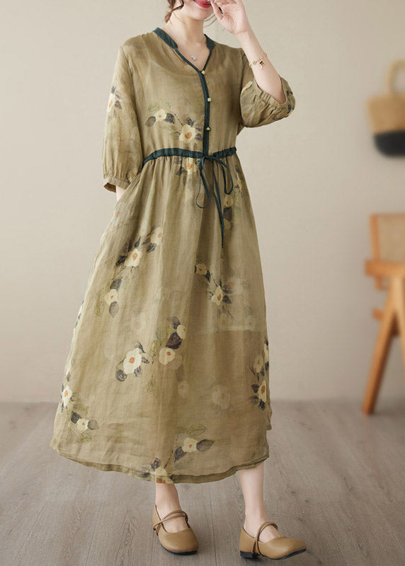 Yellow V Neck Print Wrinkled Tie Waist Linen Long Dresses Summer