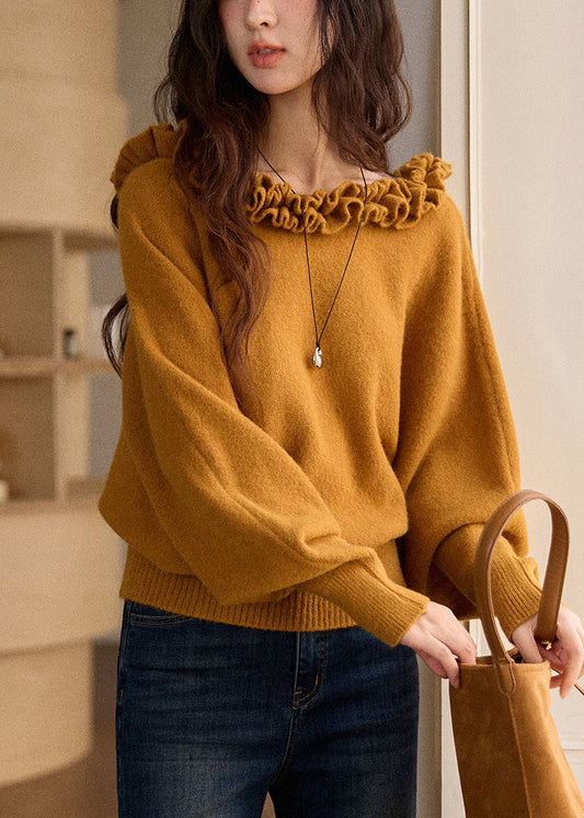 Yellowish Brown Ruffled Knit Sweaters Winter