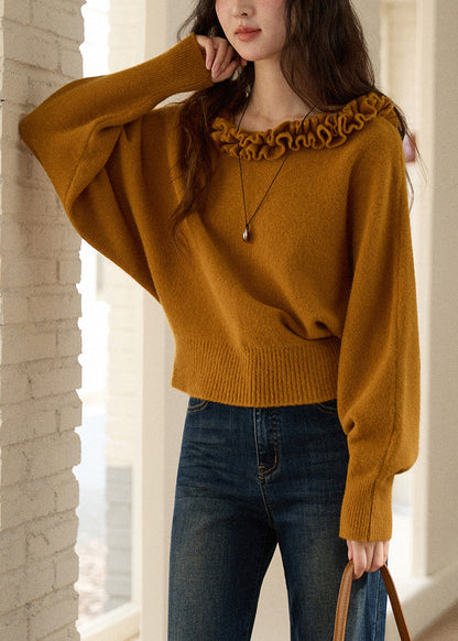 Yellowish Brown Ruffled Knit Sweaters Winter