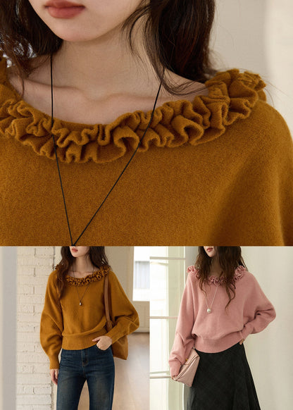 Yellowish Brown Ruffled Knit Sweaters Winter