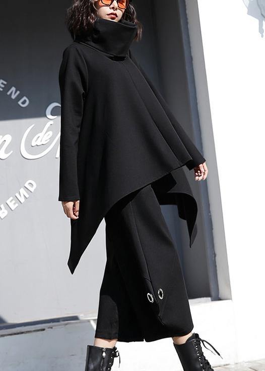 Black Cotton Clothes for Asymmetric Hem Oversized High Neck Tops