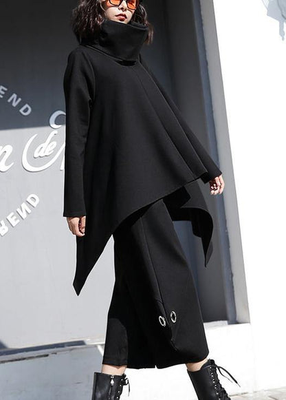 Black Cotton Clothes for Asymmetric Hem Oversized High Neck Tops