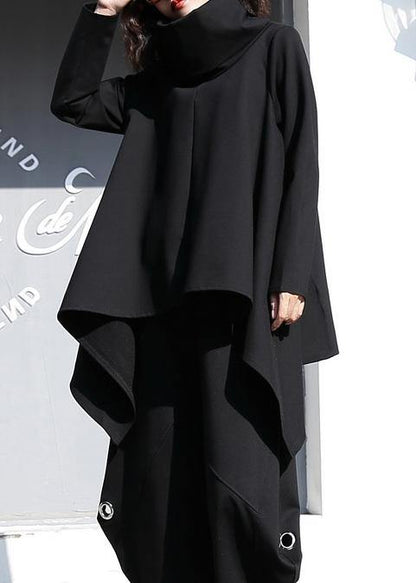 Black Cotton Clothes for Asymmetric Hem Oversized High Neck Tops