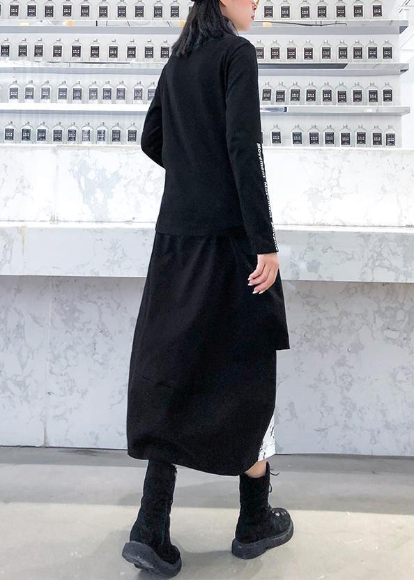 Black Print Cotton Skirt Pockets Short Dress