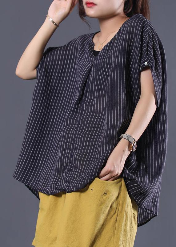 Black Striped Linen Clothes for V Neck Baggy Summer Top