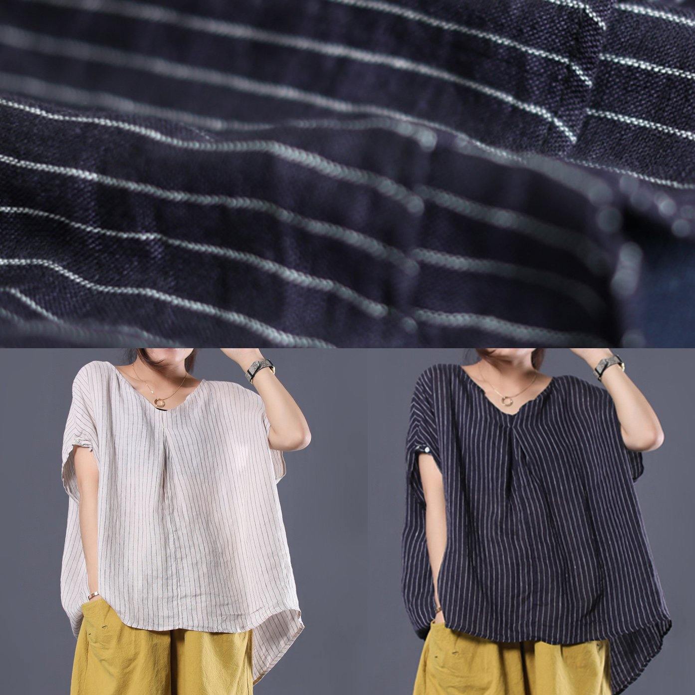 Black Striped Linen Clothes for V Neck Baggy Summer Top
