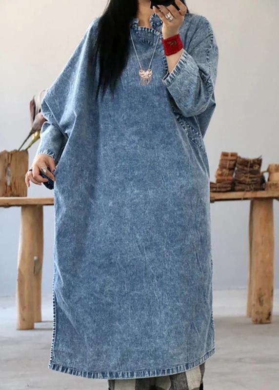Cotton Dress Retro Color Frog Denim Blue Loose Dress
