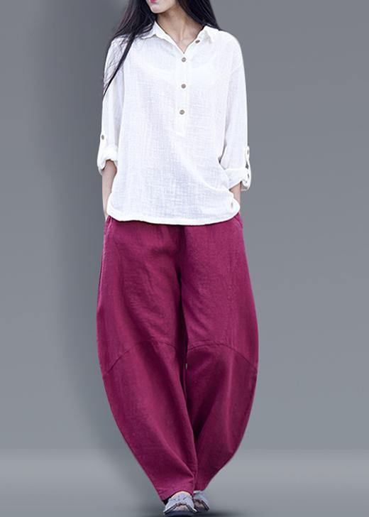 Harem Pants Cotton Work Outfits Burgundy Long Pants