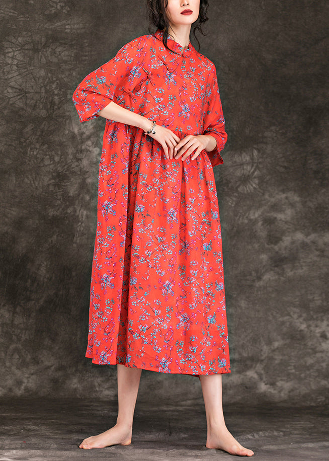 Stand Collar Cinched Linen Clothes for Online Shopping Red Print Long Dresses Summer
