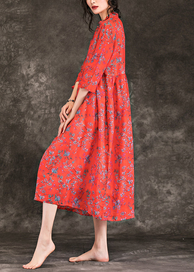 Stand Collar Cinched Linen Clothes for Online Shopping Red Print Long Dresses Summer