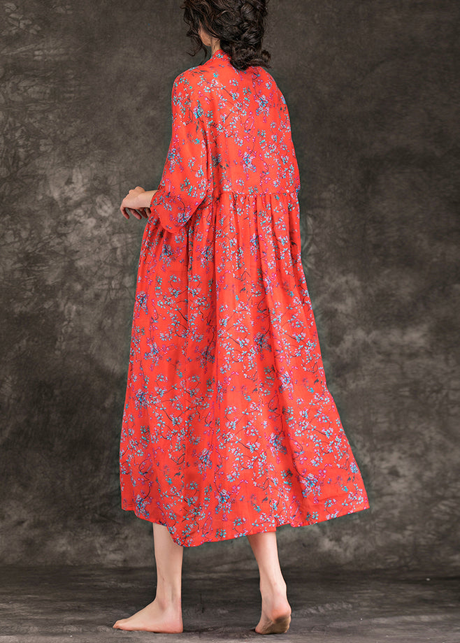 Stand Collar Cinched Linen Clothes for Online Shopping Red Print Long Dresses Summer