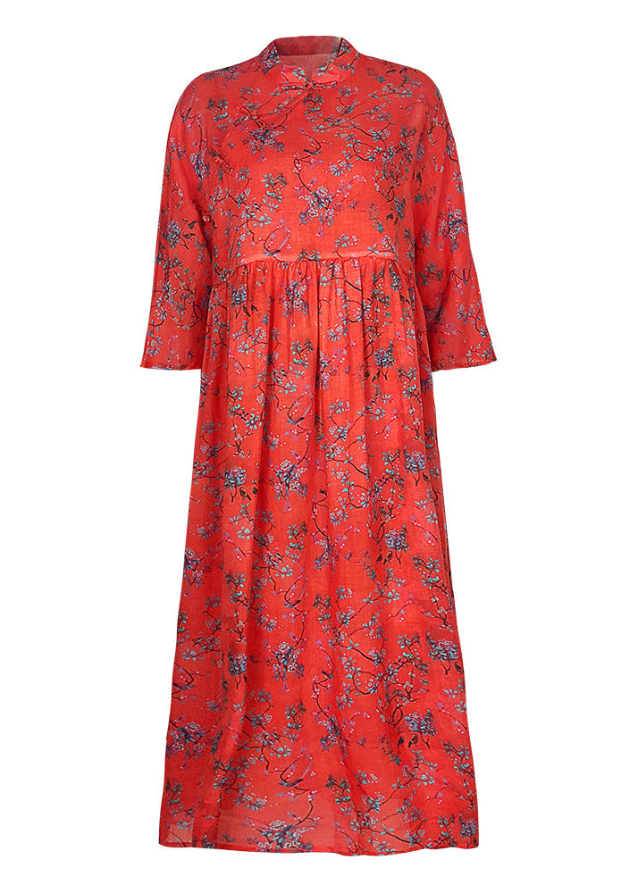 Stand Collar Cinched Linen Clothes for Online Shopping Red Print Long Dresses Summer