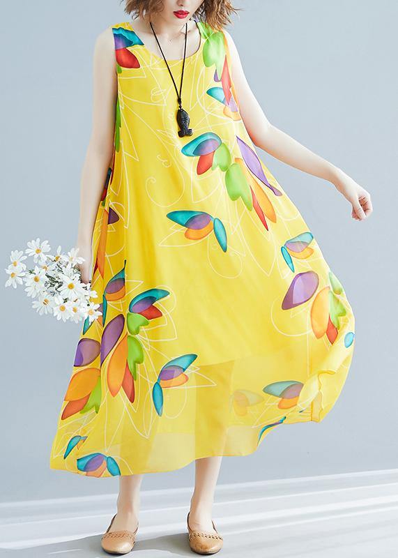 Yellow Print Chiffon Robes Korea Tutorials O Neck False Two Pieces Long Summer Dress