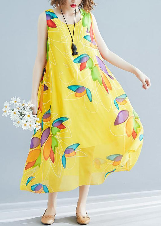 Yellow Print Chiffon Robes Korea Tutorials O Neck False Two Pieces Long Summer Dress