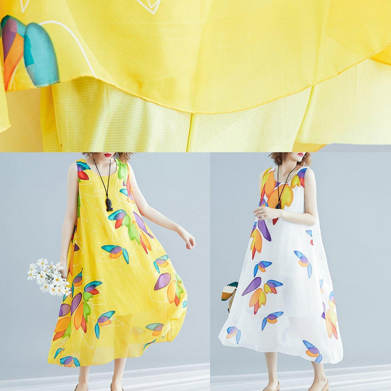 Yellow Print Chiffon Robes Korea Tutorials O Neck False Two Pieces Long Summer Dress