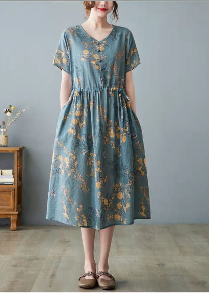 Yellow Leopard Print Bamboo Pockets Print O Neck Dress