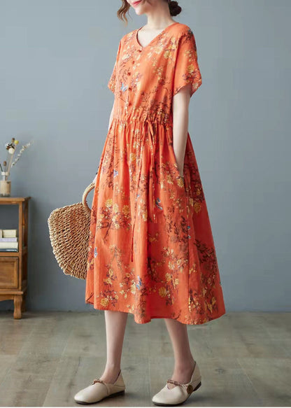 White Bamboo Pockets Print O Neck Dress