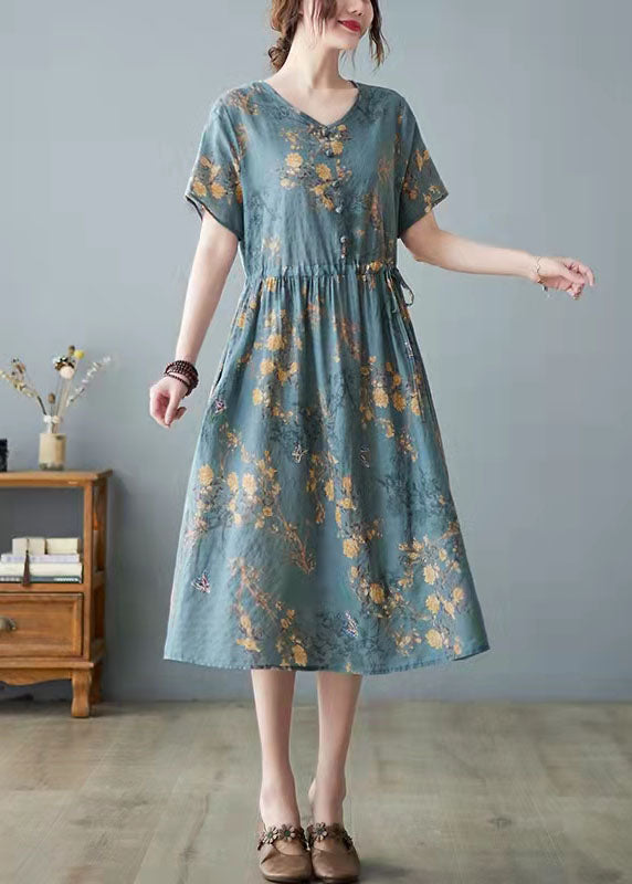 White Bamboo Pockets Print O Neck Dress