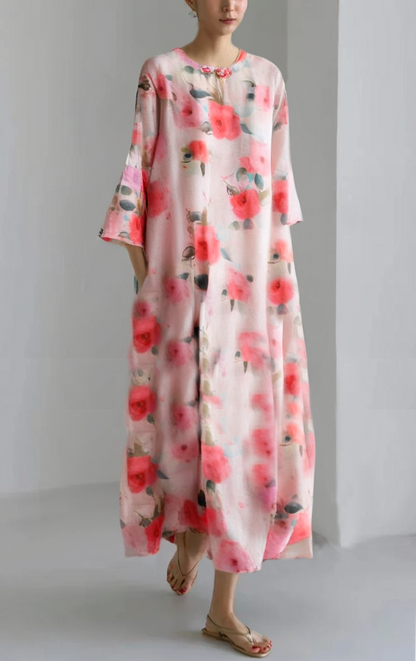 Grace Print O-neck Button Cotton Mid Dress Half Sleeve