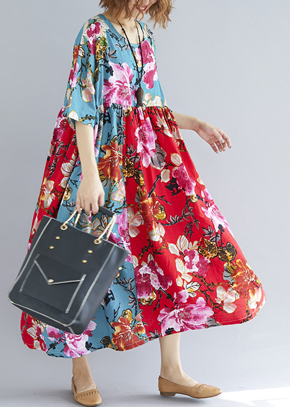 Red Green Print Linen Cotton Quilting Dresses O Neck Patchwork Loose Summer Dress