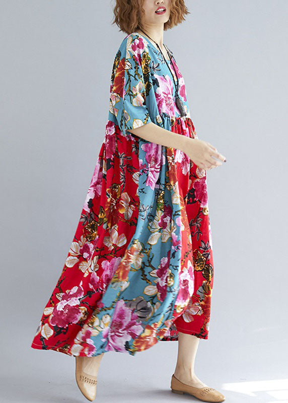 Red Green Print Linen Cotton Quilting Dresses O Neck Patchwork Loose Summer Dress